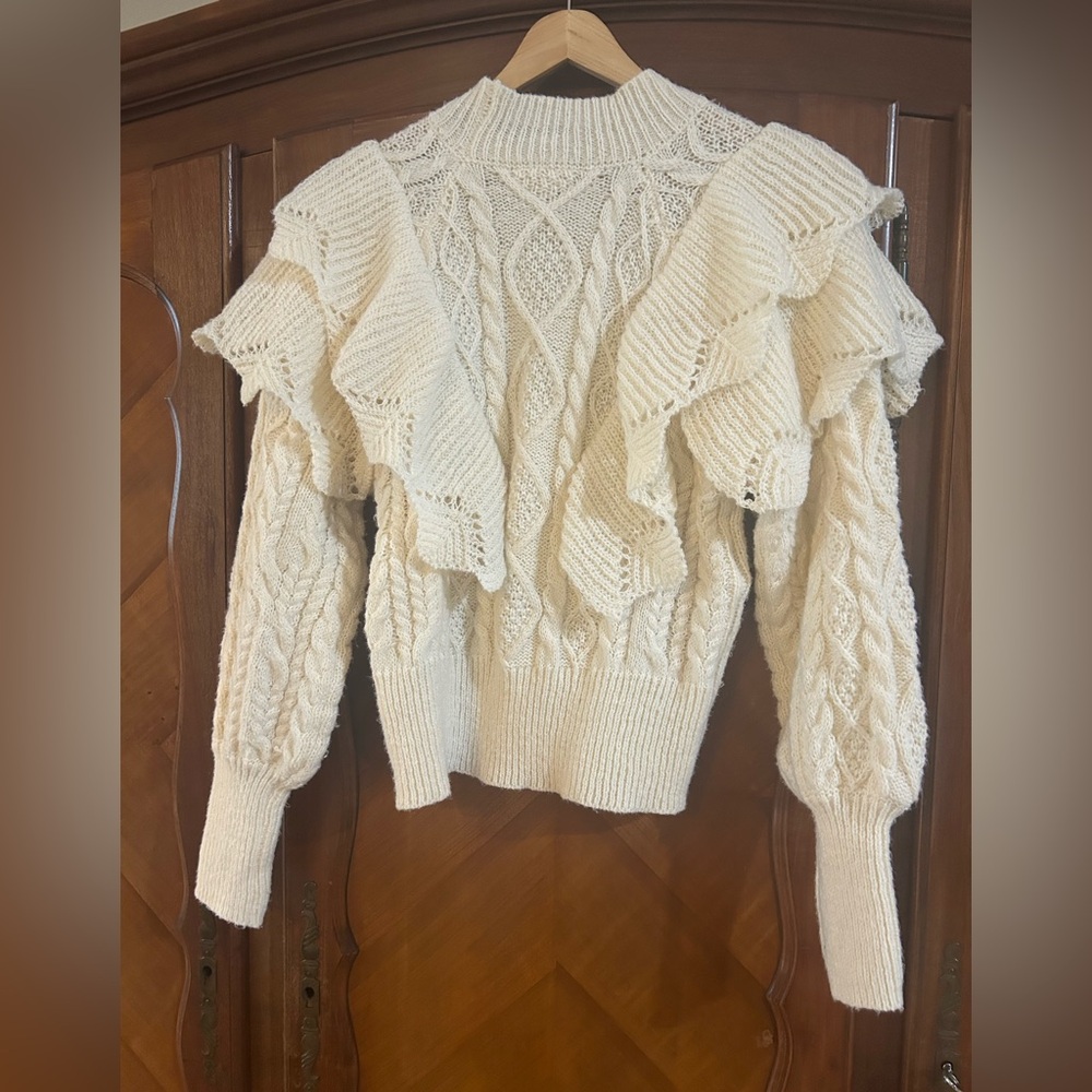 Entro Cream Cable Knit Turtleneck Ruffle Sweater size Small #905 - Picture 4 of 5